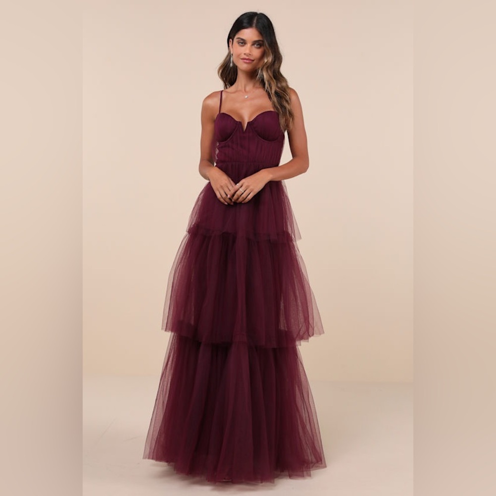 Lulus Unforgettable Poise Tulle‎ Bustier Tiered Maxi Dress, Plum Purple, XS, NWT